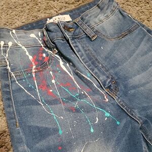 High-Rise Skinny Jeans with Paint-Splatter Detail - Blue